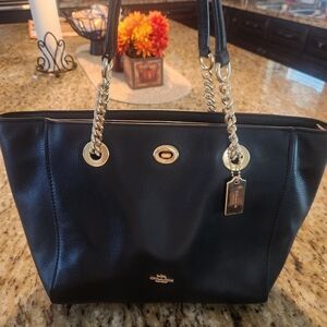Coach Black Leather Tote with Gold Accents
